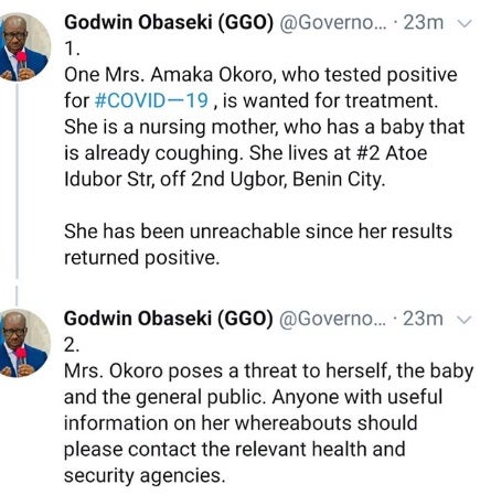 Nursing mother, Amaka Okoro, who tested positive for coronavirus in Edo state declared WANTED!