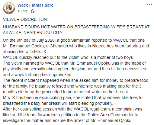 Ghanaian man pours hot water on his breastfeeding wife