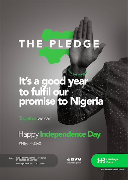 Heritage Bank Joins In Celebration Of Nigeria @60…Rewards Nigerians For “National Pledge” Pidgin Recitation