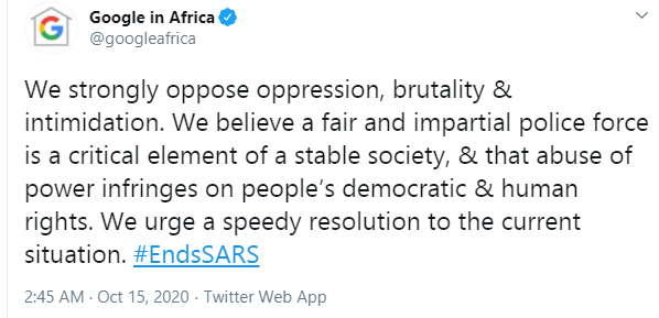 We strongly oppose oppression, brutality and intimidation - Google tweets in support of #EndSARS protest