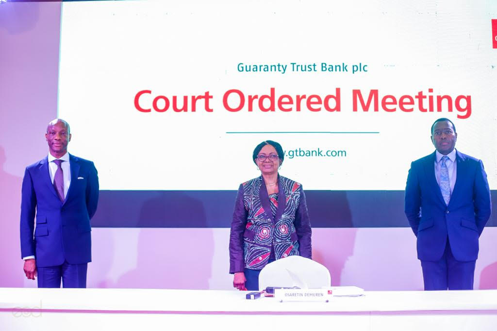 L-R MD/CEO, GTbank, Segun Agbaje; Chairman, GTbank, Osaretin Demuren and Company Secretary,  Erhi Obebeduo during the Court Ordered Meeting in Lagos