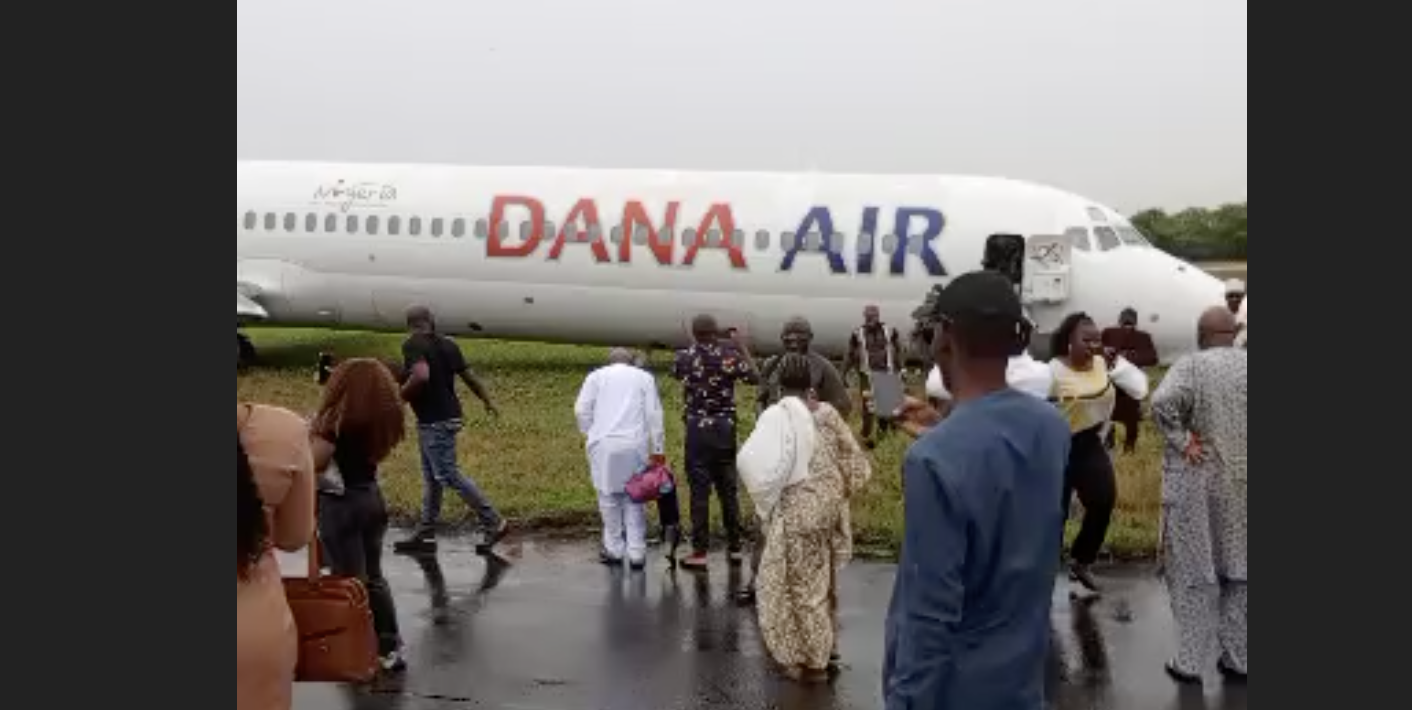 FRESH: Panic As Dana Air Skids Off Runway At Lagos Airport [VIDEO]